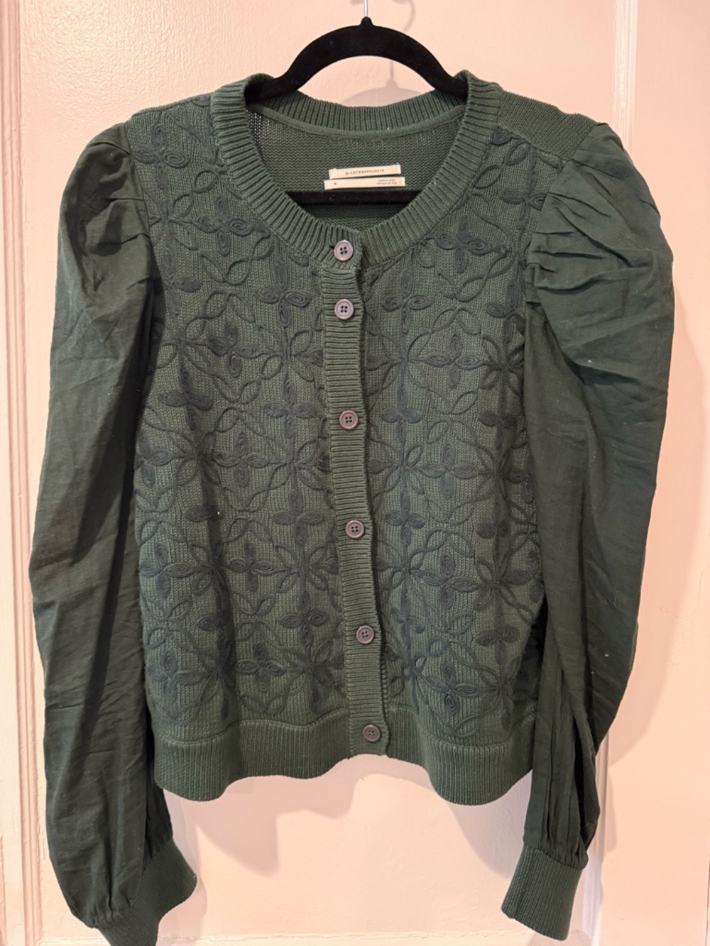 Anthropologie Medium Green Button-Front Knit Cardigan Sweater Embroidered Cotton